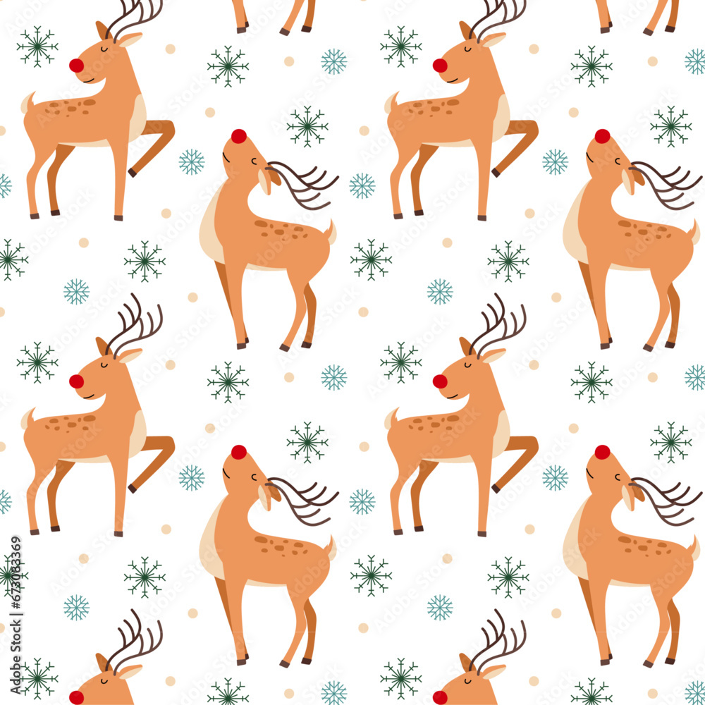 Pattern with Christmas reindeer and snowflakes in flat style. Christmas pattern. Rudolph the reindeer.