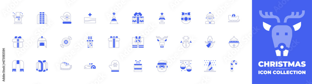 Christmas icon collection. Duotone style line stroke and bold. Vector illustration. Containing snowman, star, christmas tree, christmas present, birthday gift, chimney, gift, christmas, roll cake.