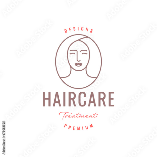 beauty face women portrait long hair salon treatment line style minimal cartoon mascot character logo design vector icon illustration