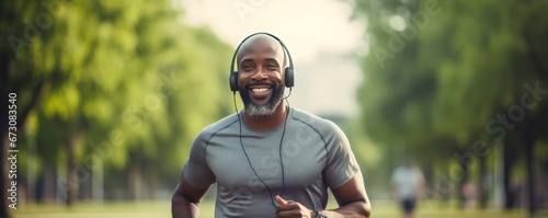 Mature African American athlete during jogging workout in city park. photo