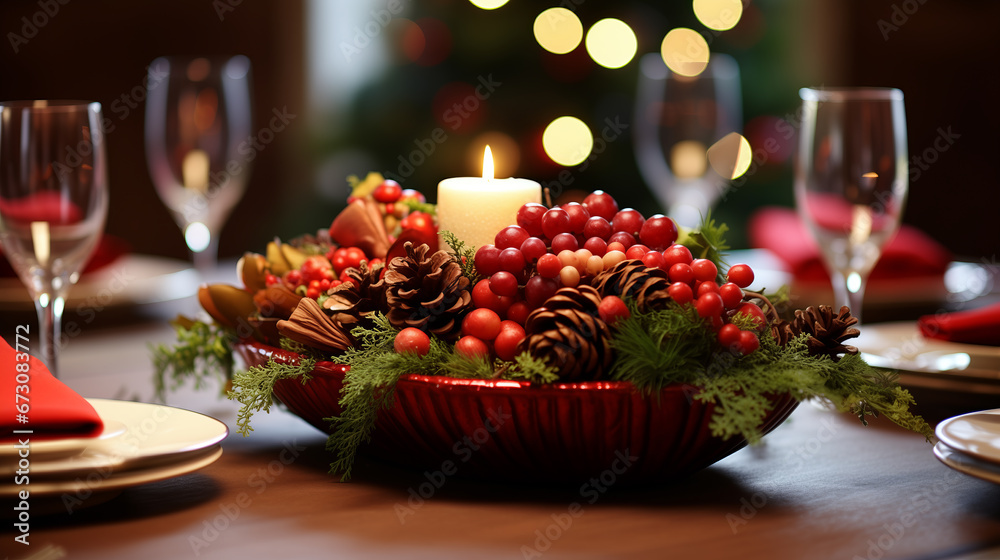 Christmas table setting with champagne and berry on the plate, light candle background.