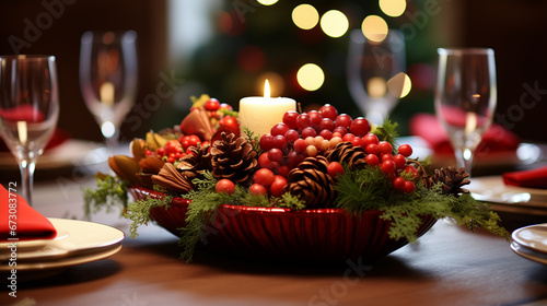 Christmas table setting with champagne and berry on the plate  light candle background.