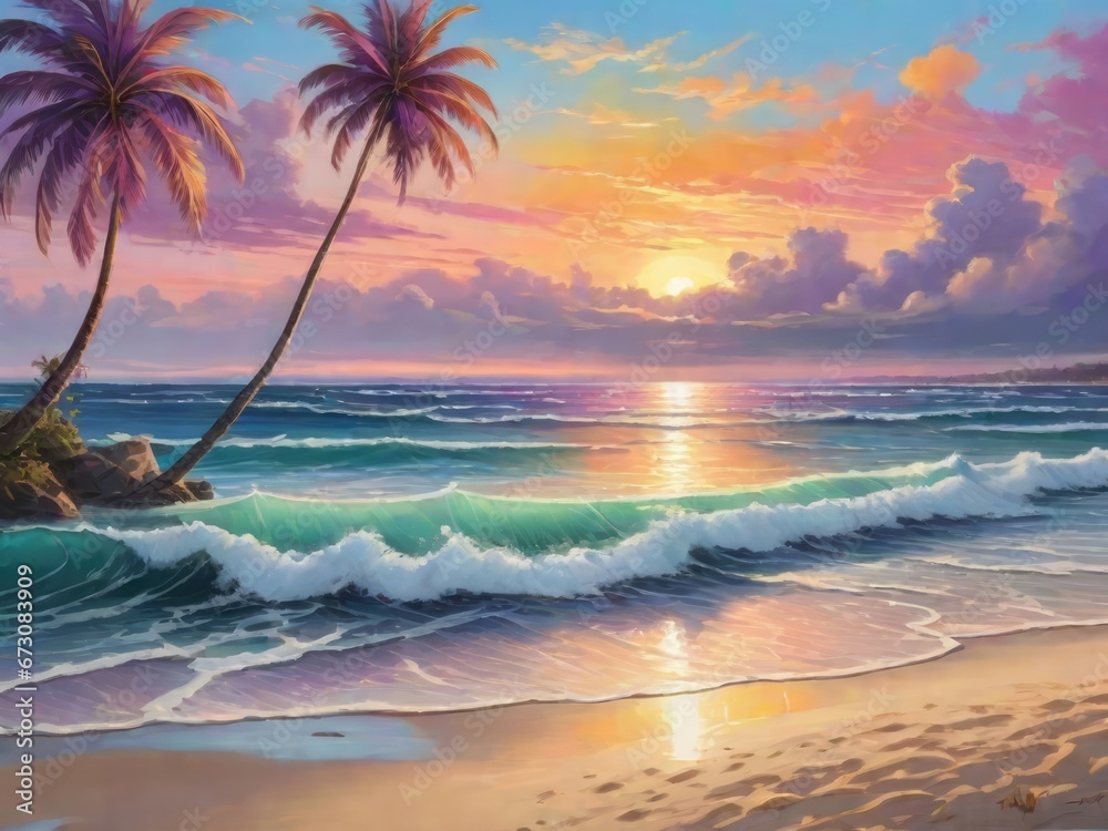 sunset on the beach With palm tree . illustration