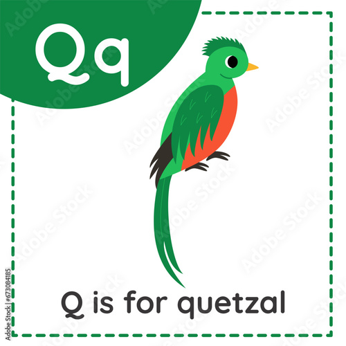 Learning English alphabet for kids. Letter Q. Cute cartoon quetzal