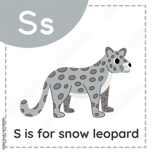 Animal alphabet flashcard for children. Learning letter S. S is for snow leopard.