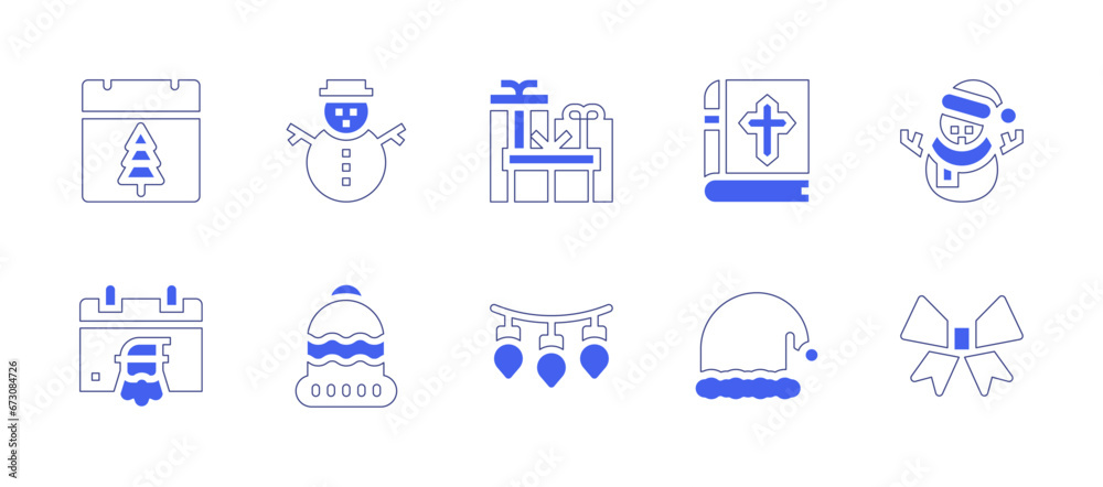 Christmas icon set. Duotone style line stroke and bold. Vector illustration. Containing snowman, bow, bible, santa hat, present, lights, calendar, beanie.