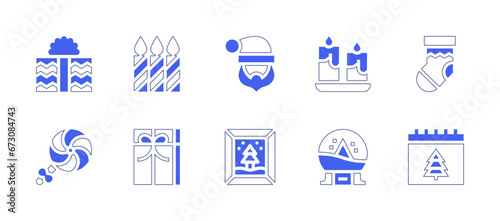 Christmas icon set. Duotone style line stroke and bold. Vector illustration. Containing sock, christmas day, candles, snowball, santa claus, photo, christmas present, candy.