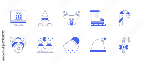 Christmas icon set. Duotone style line stroke and bold. Vector illustration. Containing computer, mistletoe, candy cane, dwarf, deer, pine, snowing, santa hat, skates.