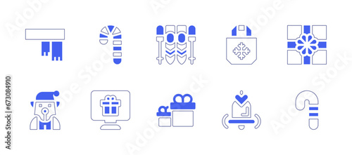 Christmas icon set. Duotone style line stroke and bold. Vector illustration. Containing gift, candy cane, scarf, ski, fox, gifts, candy, shopping bag, bell.