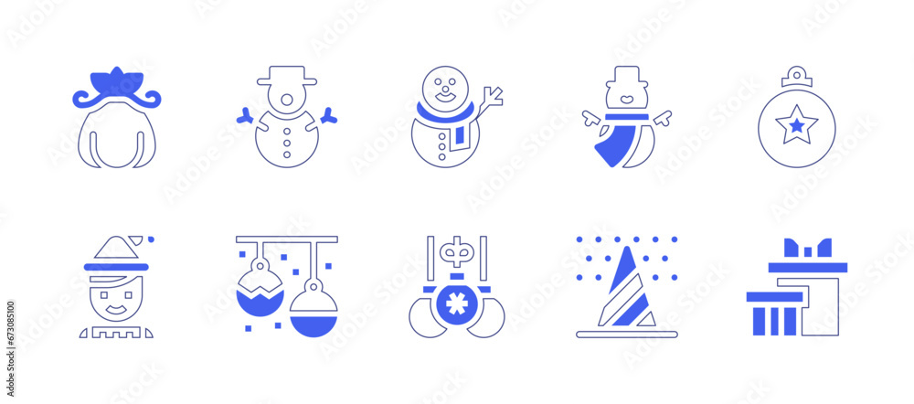 Christmas icon set. Duotone style line stroke and bold. Vector illustration. Containing snowman, bauble, christmas tree, sack, boy, christmas balls, gift.