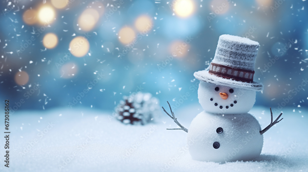 Smiling snowman on snow decorated with scarf and hat with bokeh background.