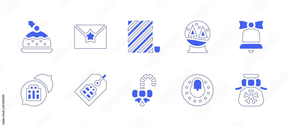 Christmas icon set. Duotone style line stroke and bold. Vector illustration. Containing greeting card, snow globe, label, wreath, pudding, wrapping paper, bell, chat, candy cane, gift bag.