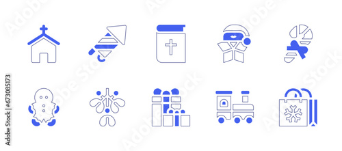 Christmas icon set. Duotone style line stroke and bold. Vector illustration. Containing candy cane, christmas present, star, train toy, bible, christmas presents, fireworks, church, mistletoe.