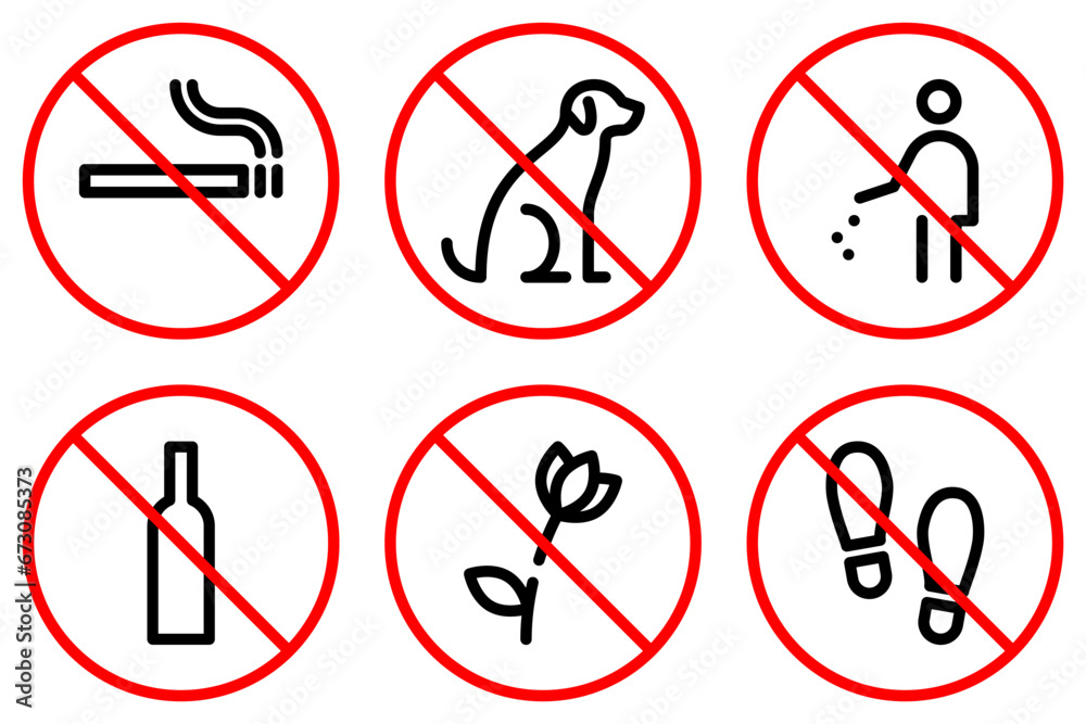 No smoking, dogs, trash, alcohol line icons. Do not pick flowers and walk on lawn outline signs isolated on white background. Prohibition pictograms in linear style. Editable stroke. Vector graphics No smoking, dogs, trash, alcohol line icons. Do not pick flowers and walk on lawn outline signs isolated on white background. Prohibition pictograms in linear style. Editable stroke. Vector graphics