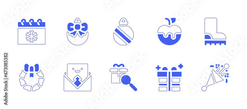 Christmas icon set. Duotone style line stroke and bold. Vector illustration. Containing bauble, caramelized apple, christmas card, gift, calendar, christmas ball, boots, christmas wreath, party popper