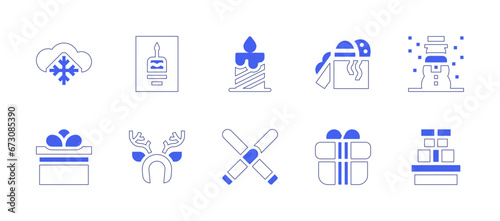 Christmas icon set. Duotone style line stroke and bold. Vector illustration. Containing headband, greeting card, snow, candle, snowman, gift, ski.