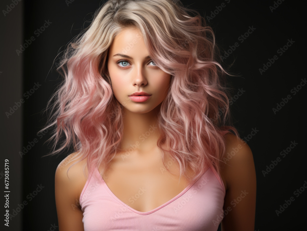 Fashionable dyed hair style by the hairdresser on a charming blonde young model woman. Fashionable dyed hair style by the hairdresser on a charming blonde young model woman.