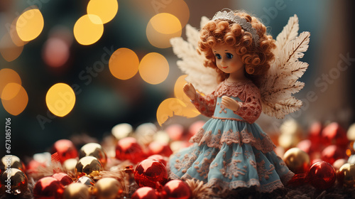 Angel with Christmas decoration on bokeh background.