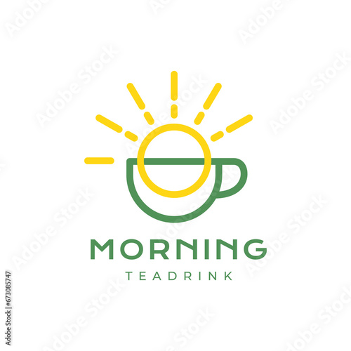 morning sunrise breakfast tea drink cup sunburst line style colorful modern simple minimal logo design vector icon illustration