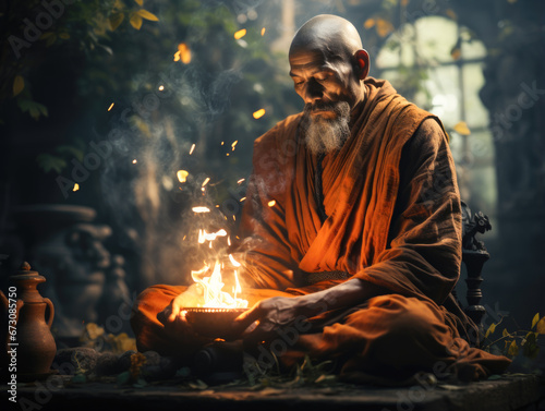 Cigarette smoke curls up in an ancient temple while a monk silently prays for peace.