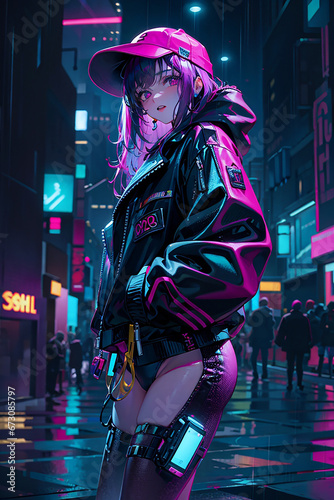 cyberpunk girl rain retro city