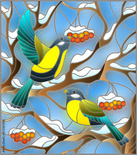 An illustration in the style of a stained glass window with bright birds tits on the branches of a tree