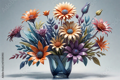Beautiful bouquet with summer flowers,there are many flowers in a vase on a table,3d rendering flowers blossom floral bouquet decoration, Romantic floral composition.generative ai 