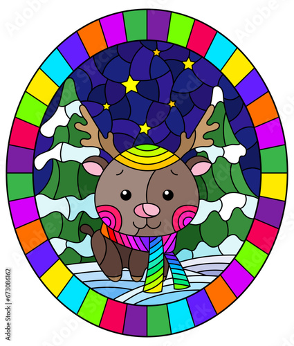 An illustration in the style of a stained glass window on the theme of New Year holidays , cute deer on the background of a winter night landscape