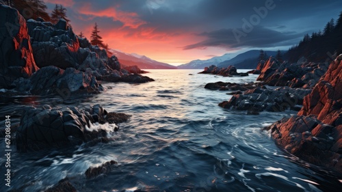 A serene coastal sunset with waves crashing against rocky shore.