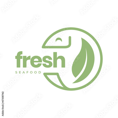 fresh fish seafood fishing cuisine kitchen restaurant geometric line style circle leaves logo design vector icon illustration