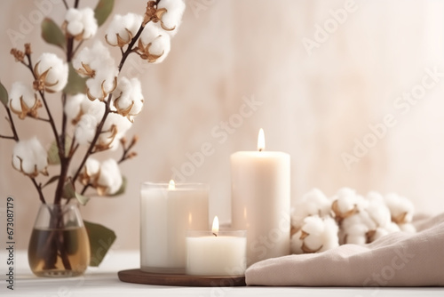 candles and cotton bouquet on a clean table, relaxation spa, wellness, beauty, massage therapy, luxury aesthetic