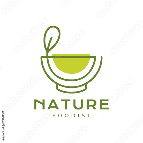 natural cuisine bowl leaves line style health natural soup vegetable minimal logo design vector icon illustration