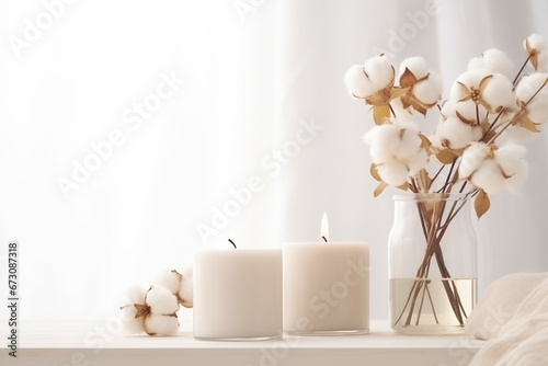 candles and cotton bouquet on a clean table, relaxation spa, wellness, beauty, massage therapy, luxury aesthetic