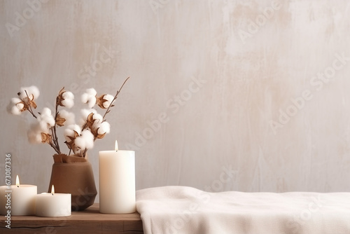 candles and cotton bouquet on a clean table, relaxation spa, wellness, beauty, massage therapy, luxury aesthetic photo