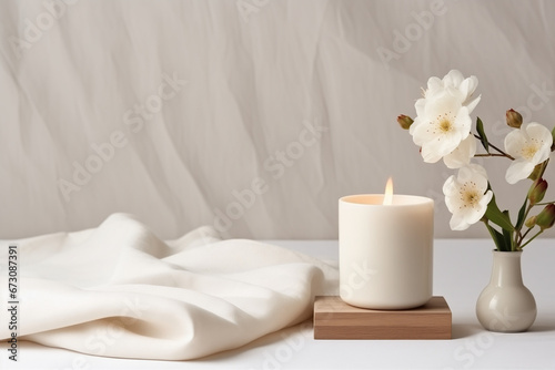 candles and cotton bouquet on a clean table  relaxation spa  wellness  beauty  massage therapy  luxury aesthetic