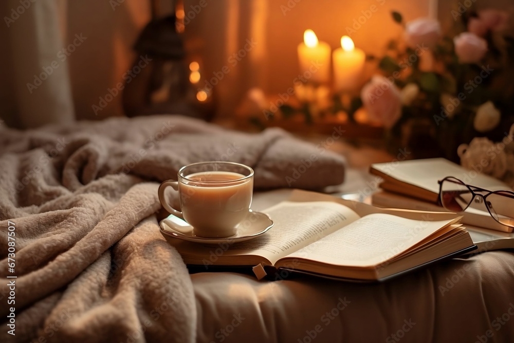 Illuminated Cozy Bed Reading Scene with Tea and Candles