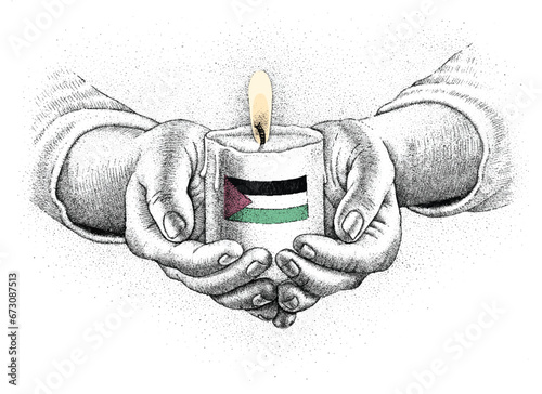 Palestinian flag on a burning candle. Hand drawn illustration.
