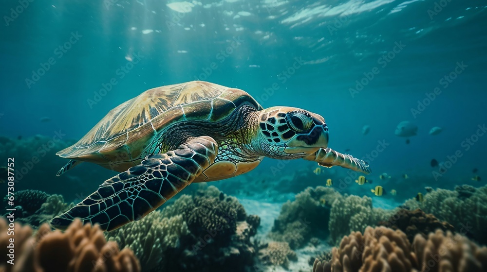 Fototapeta premium AI generated illustration of a majestic sea turtle gliding through a tropical coral reef