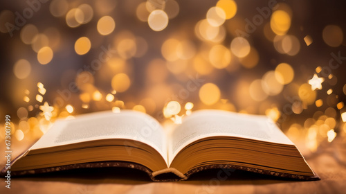 Open book with glowing lights on bokeh background.