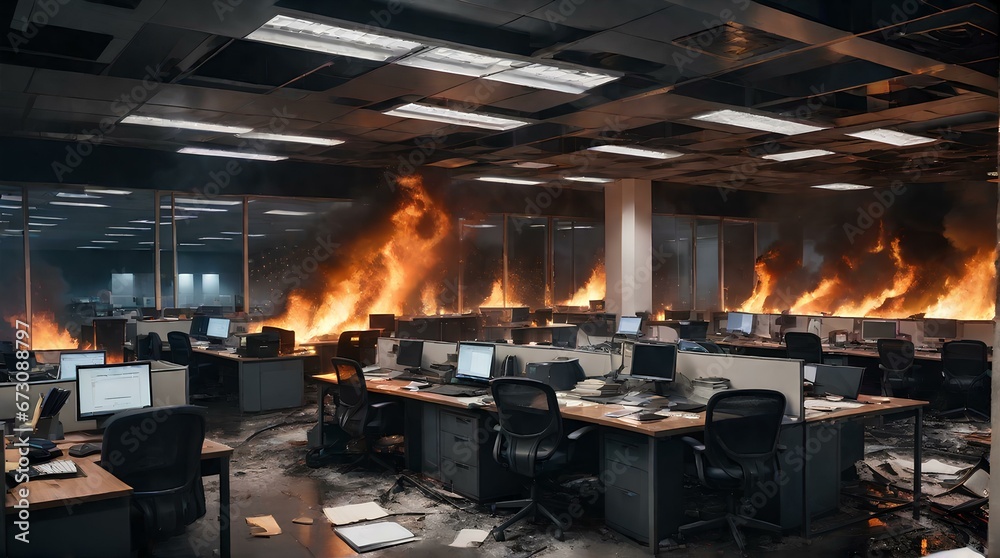 ビジネスオフィスで火災が発生、ビル火災｜A fire breaks out in a business office. building fire. Generative AI