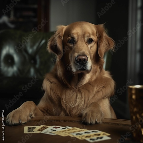 AI generated illustration of a brown dog relaxing on a sofa at a wooden table with playing cards