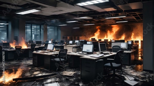 ビジネスオフィスで火災が発生、ビル火災｜A fire breaks out in a business office. building fire. Generative AI photo
