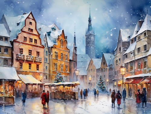 Watercolor Painting of People visiting Christmas Market in Europe During December