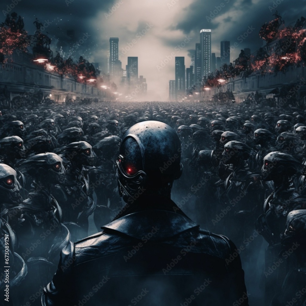 AI generated illustration of an army of robots standing in rows in a foggy city AI generated illustration of an army of robots standing in rows in a foggy city