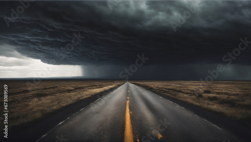 A desolate highway stretches into the distance under a dramatic, stormy sky, with the ominous clouds suggesting an impending heavy rain or storm.