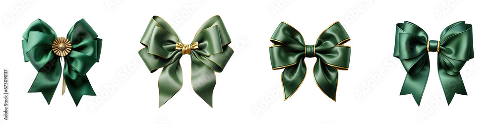green ribbon bow with gold  Hyperrealistic Highly Detailed Isolated On Transparent Background Png File - obrazy, fototapety, plakaty 