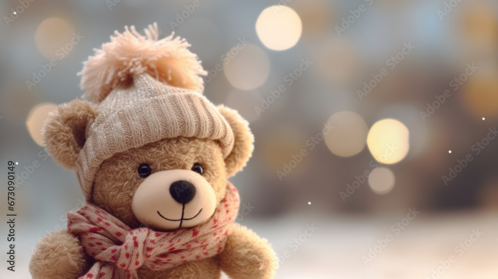 Winter Warmth: Adorable Teddy Bear Dressed in Knit Hat and Scarf Against a Bokeh Backdrop. Winter Warmth: Adorable Teddy Bear Dressed in Knit Hat and Scarf Against a Bokeh Backdrop.