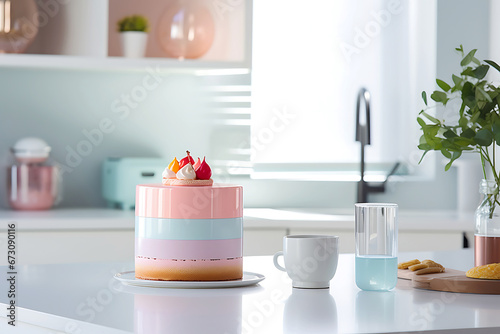 A fake multi-colored cake on a plate stands on a white kitchen table. The concept of decorating the interior with food-like objects