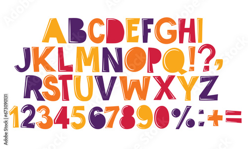 Vector font and alphabet. display kids font, Abc, english letters and numbers.