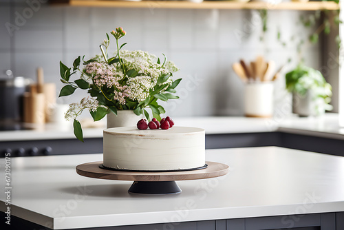 A fake white cake on a stand stands on a white table in a bright kitchen. The concept of decorating the interior with food-like objects